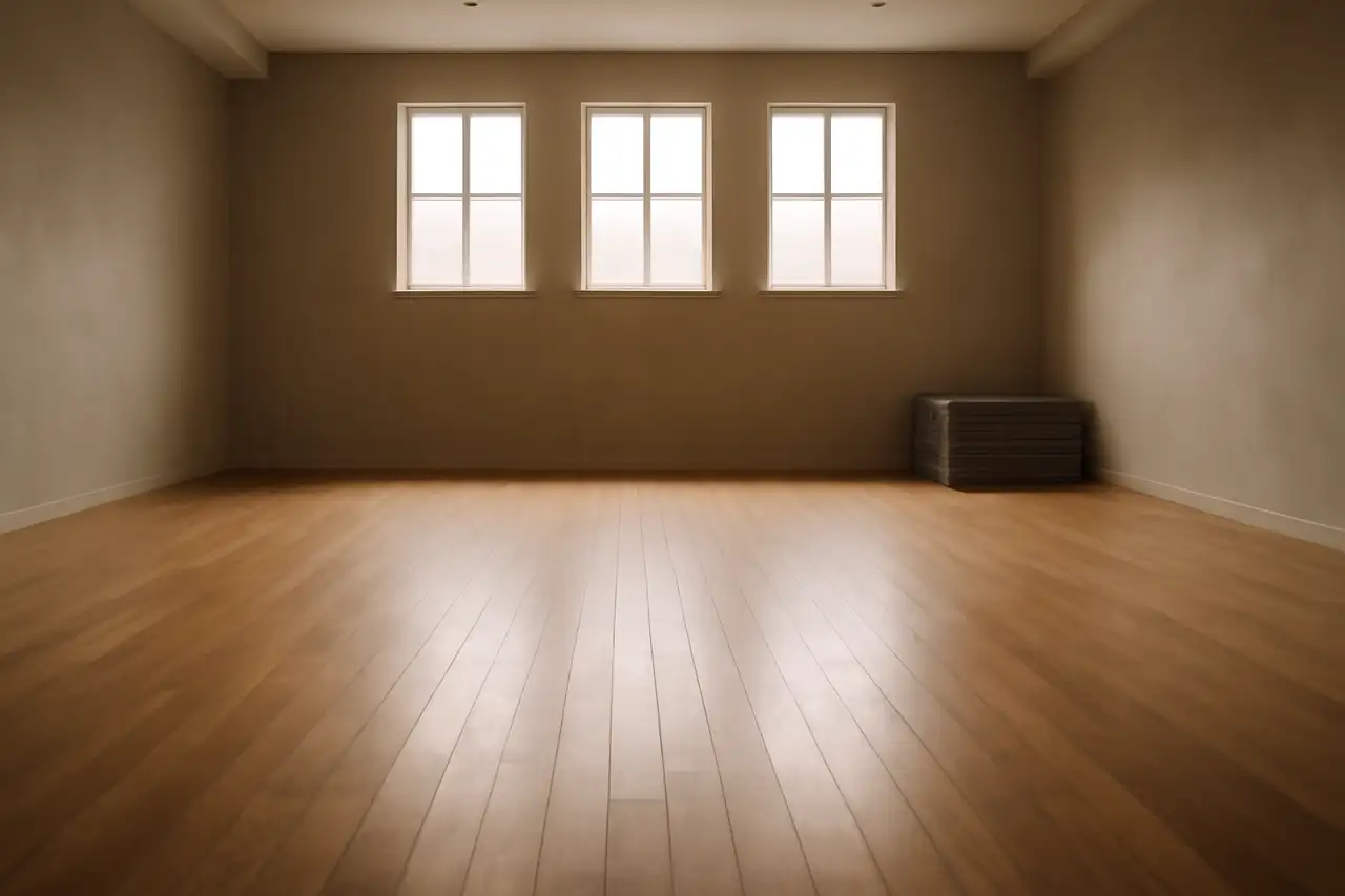 Empty training hall with wooden floor and high windows